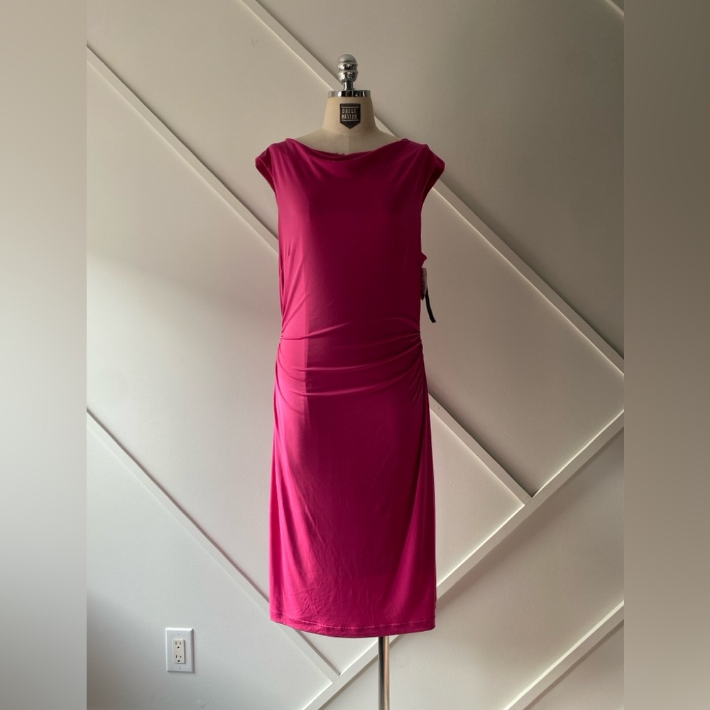 David Meister Pink Sheath Midi Dress Cap Sleeve Bateau NWT - L